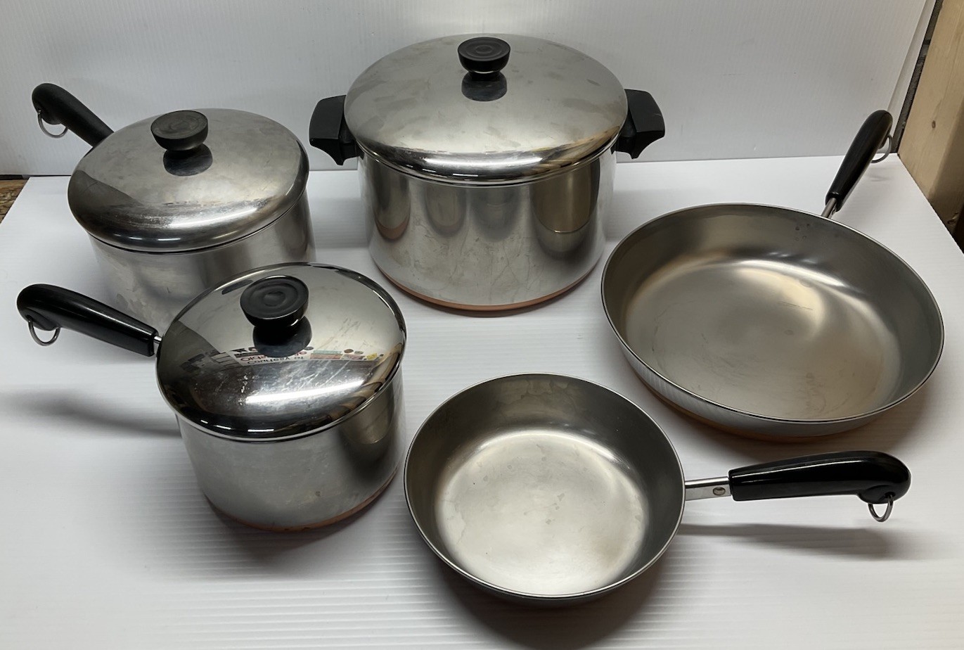 Vintage Revere Ware 1801 Copper Bottom 8pc Cookware Stockpot Skillets Pans Lids