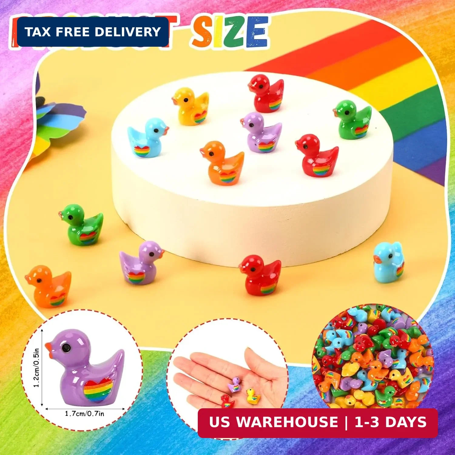 100 Pcs Mini Pride Ducks, Rainbow Resin Duck Figurines Tiny Animals Miniature fo