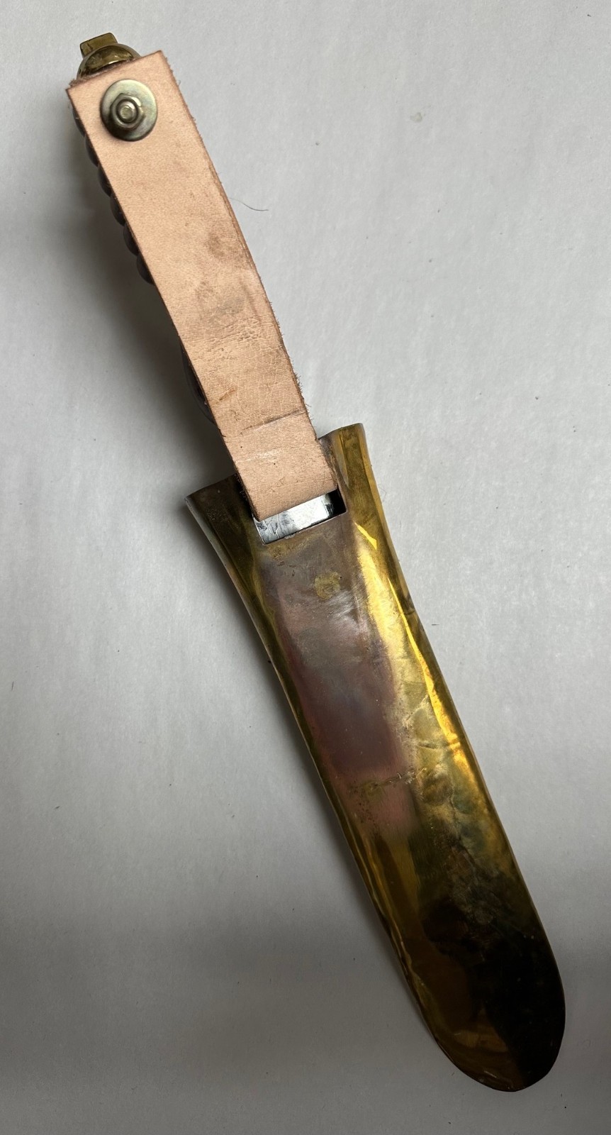 UNKNOWN ORIGIN DIVING KNIFE BLADE MARKED WITH REPLACEMENT LEATHER LOOP.