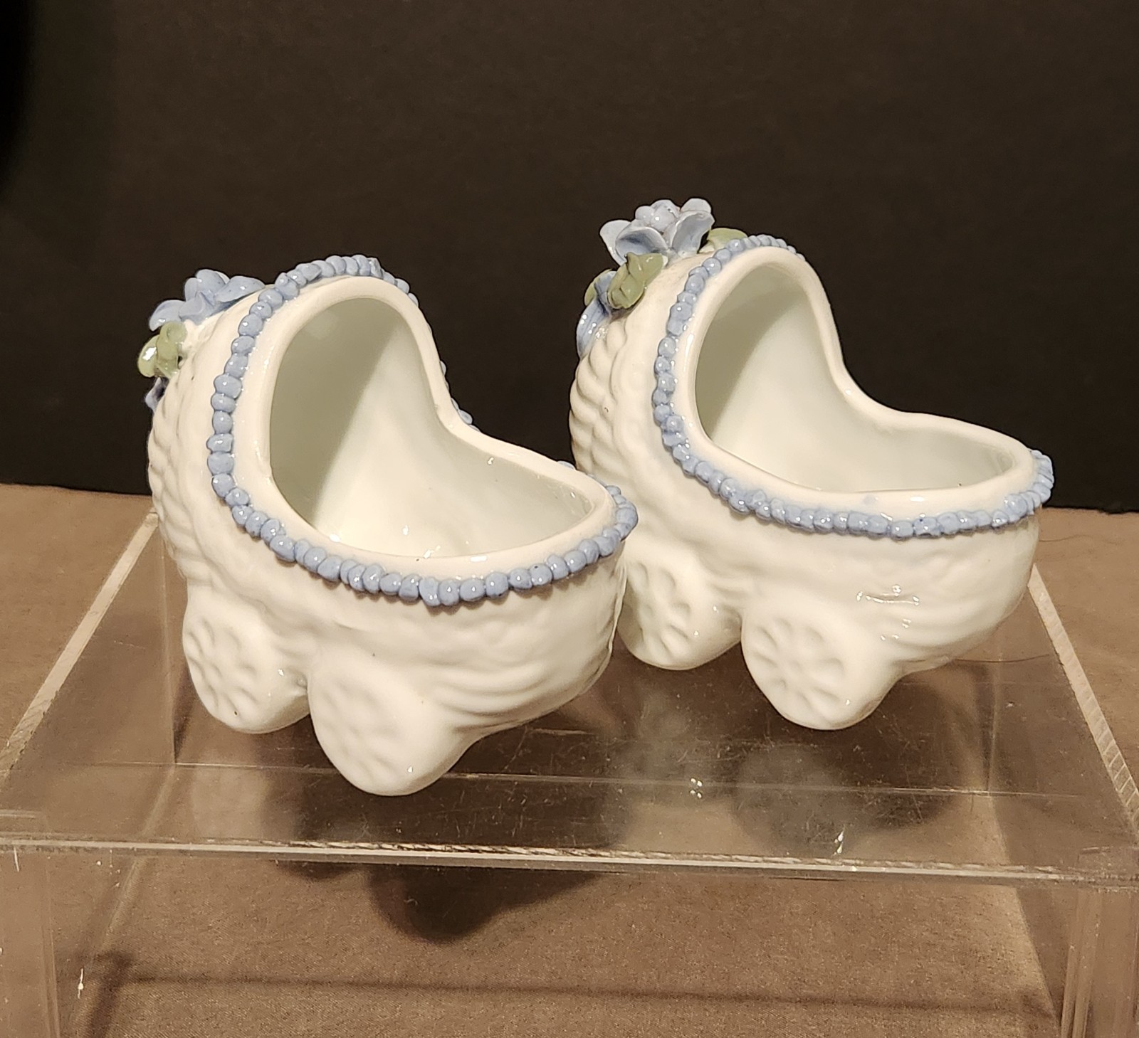 Porcelain Baby Boy Crib Planter Pair with Floral Accents