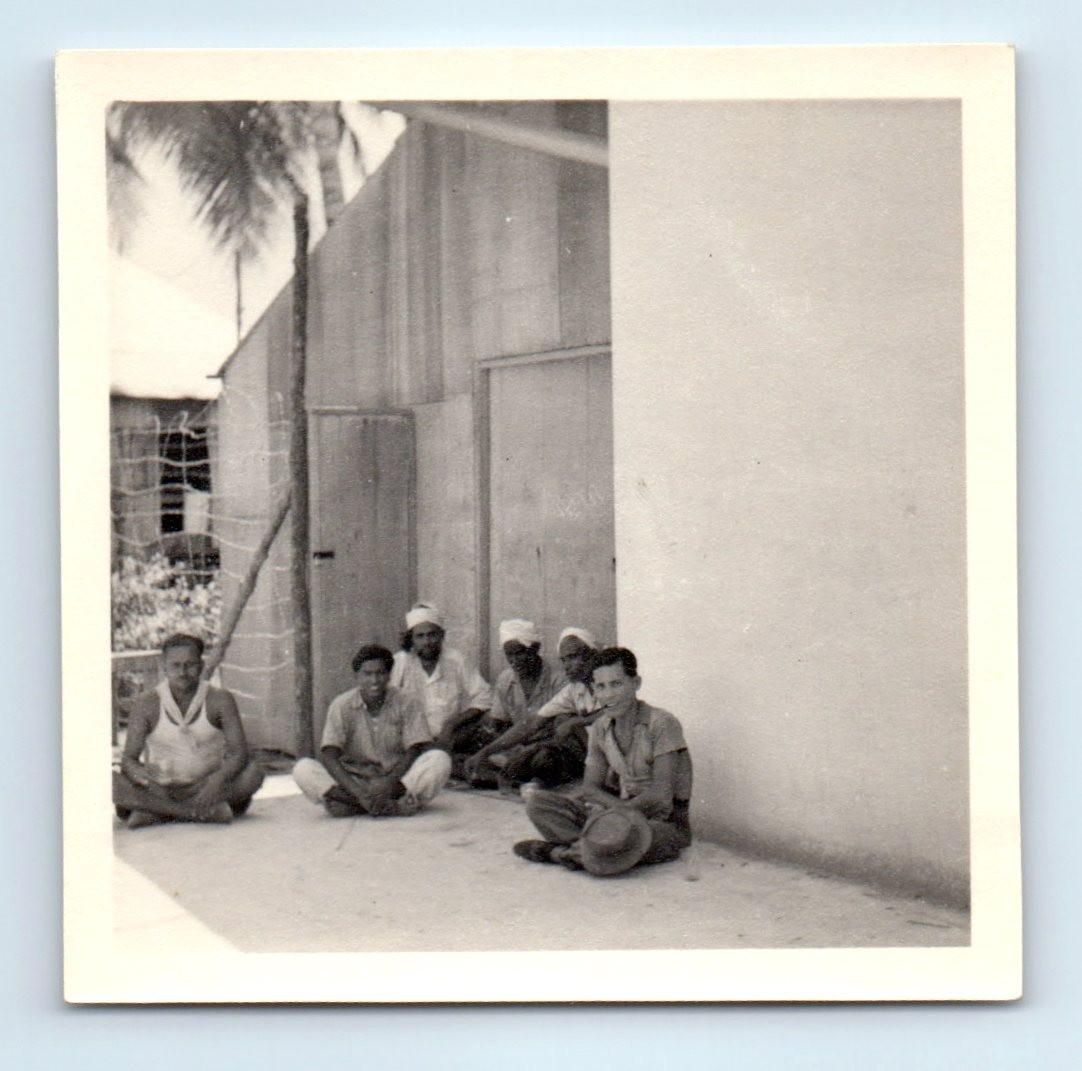 Old Vintage Square Photo ALL MEN GROUP SITTING BY BUILDING SNAPSHOT PHOTOGRAPH