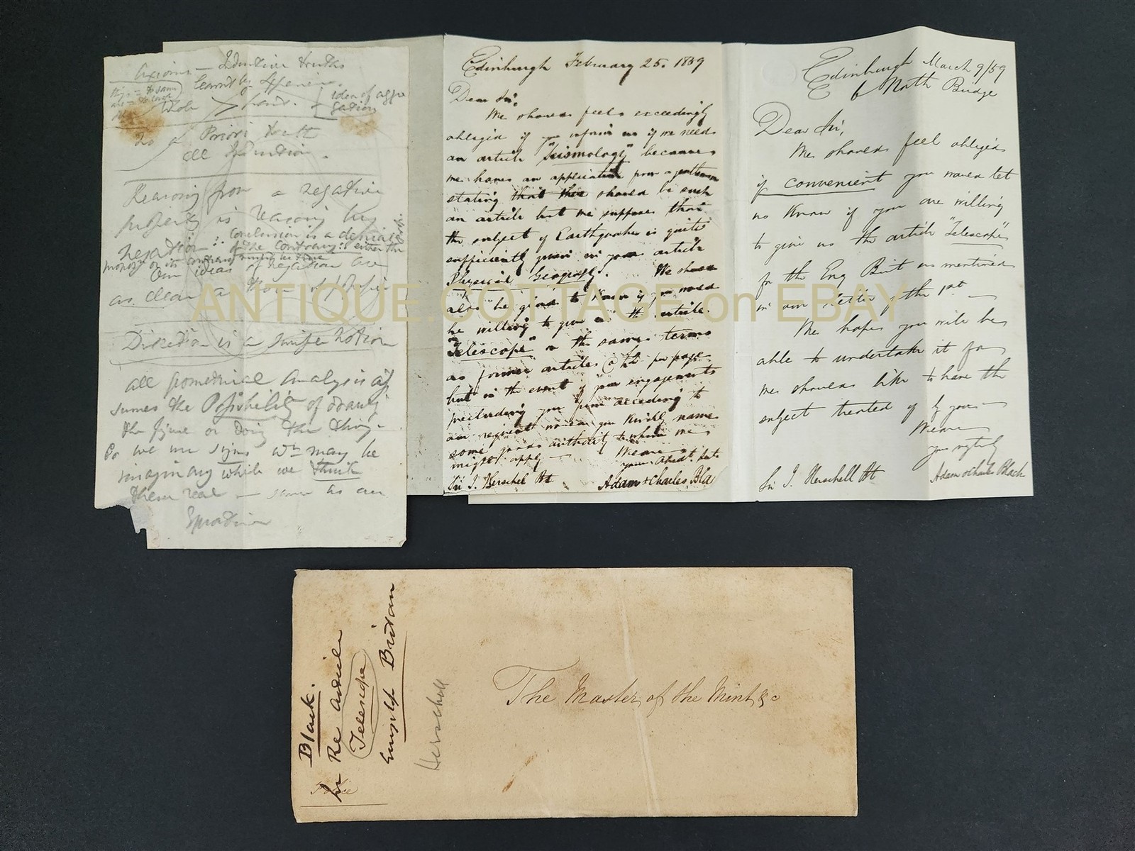 1859 antique ALS LETTER LOT Adam & Chas BLACK british book co SIR JOHN HERSCHEL
