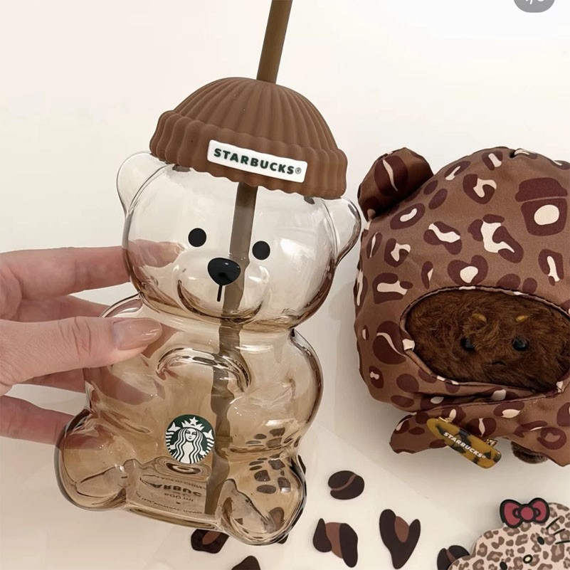 New Starbucks 2026 Leopard Print Bearista Bear Glass Tumbler Straw Cup