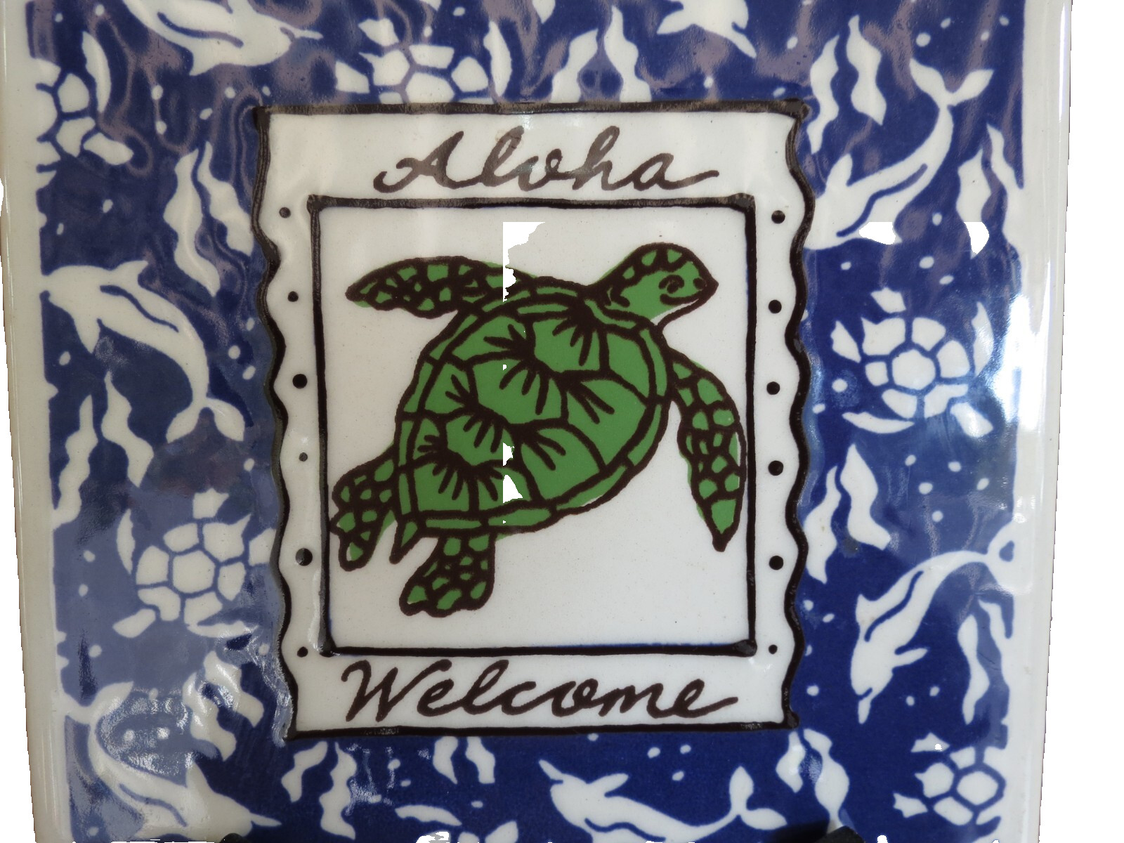 Turtles & Dolphins Tile Aloha Welcome Handpainted Banana Patch Studio Kauai