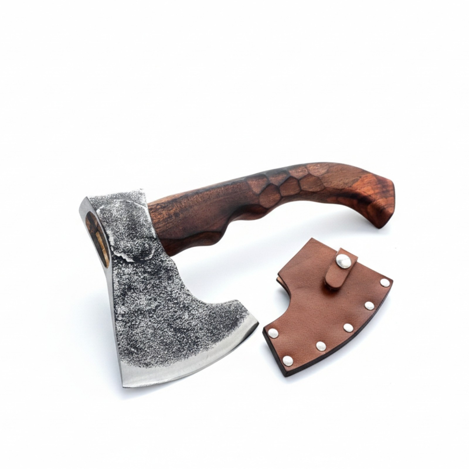 Viking Bearded Axe 15″ Hand Forged Carbon Steel Hatchet Faceted Carved Handle