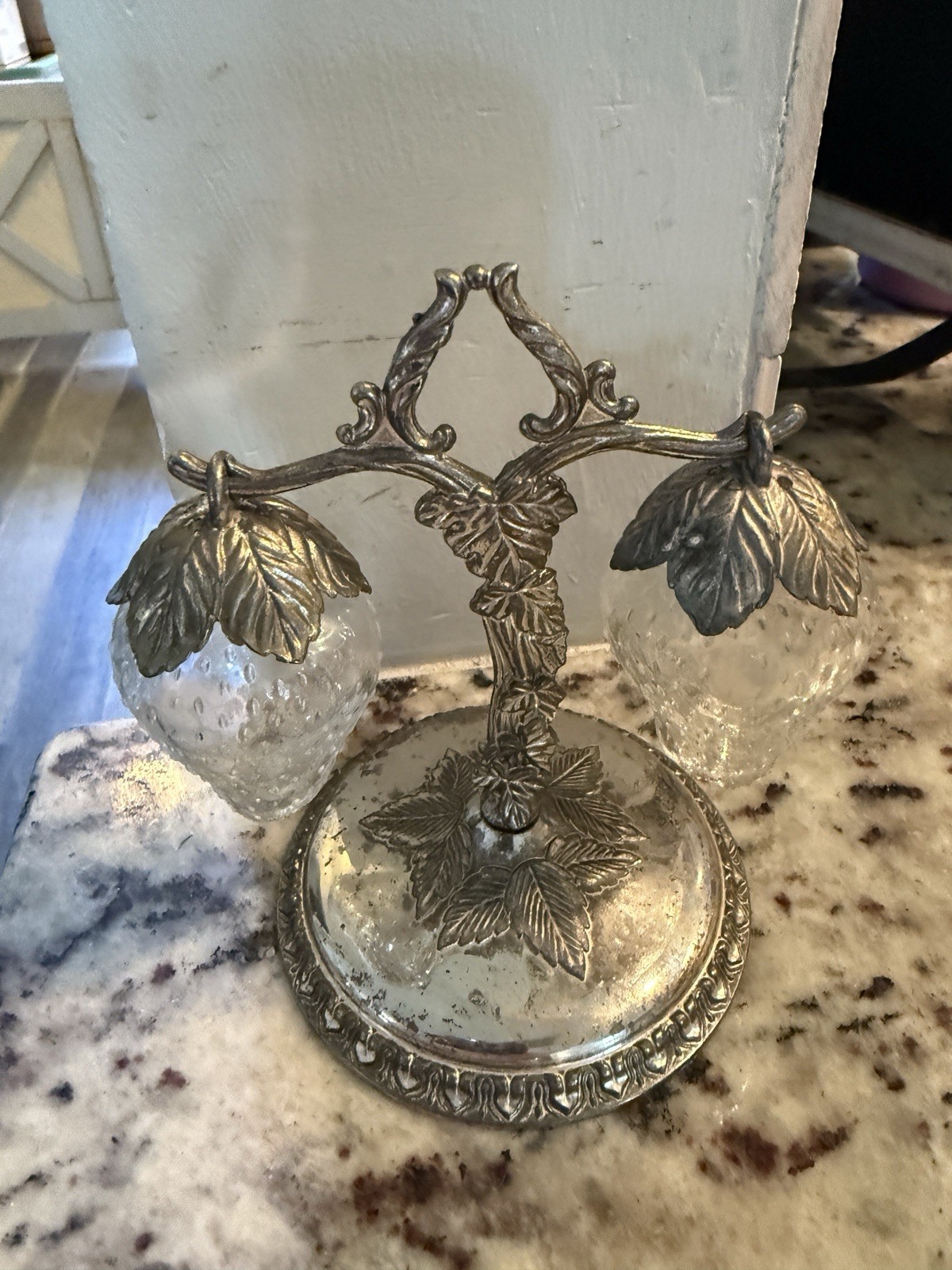 VTG Clear Glass Strawberry Hanging Salt & Pepper Shakers Japan Silver Plate Tree