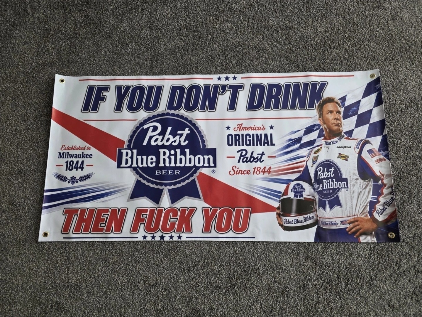 Pabst Blue Ribbon Ricky Bobby NASCAR Banner 48×24 Vinyl Racing Beer Sign Mancave