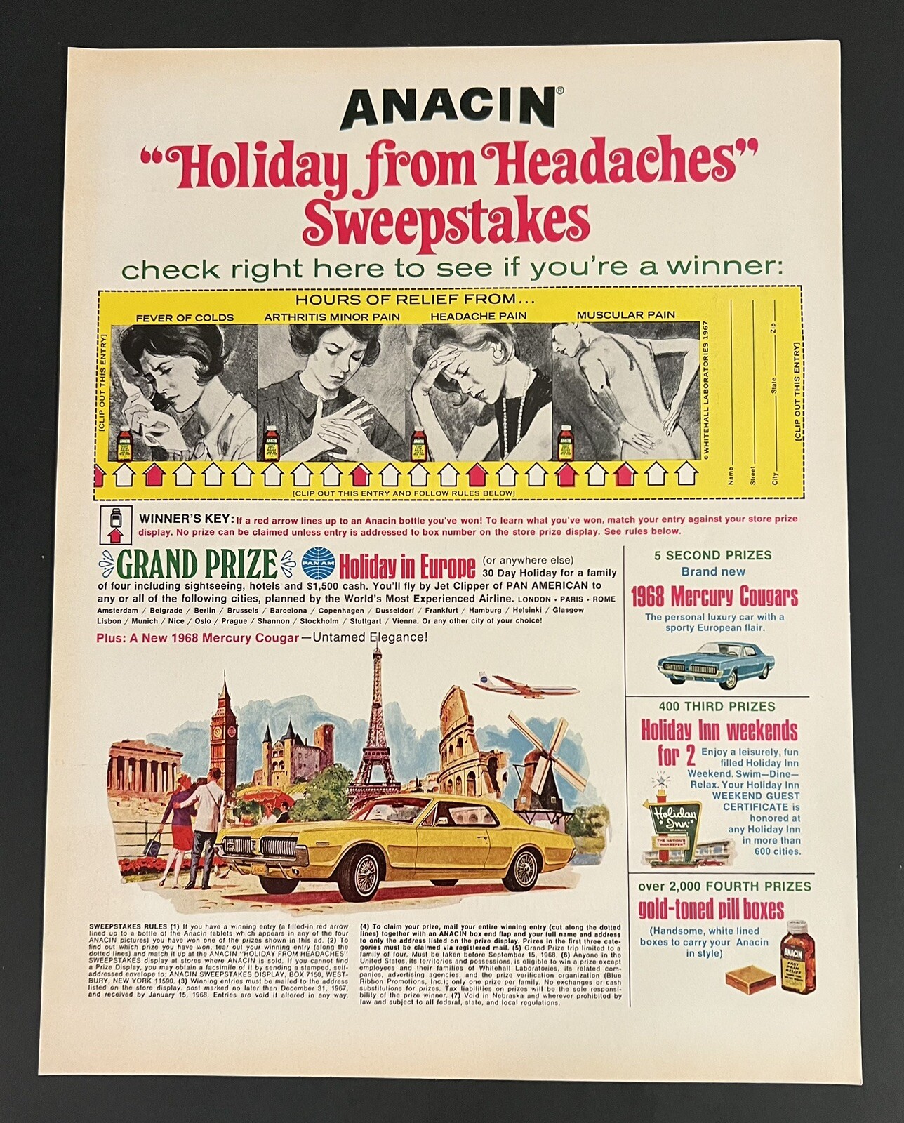 Anicin 1967 Life Print Add 13×11 Medicine Headache Painkiller Sweepstakes