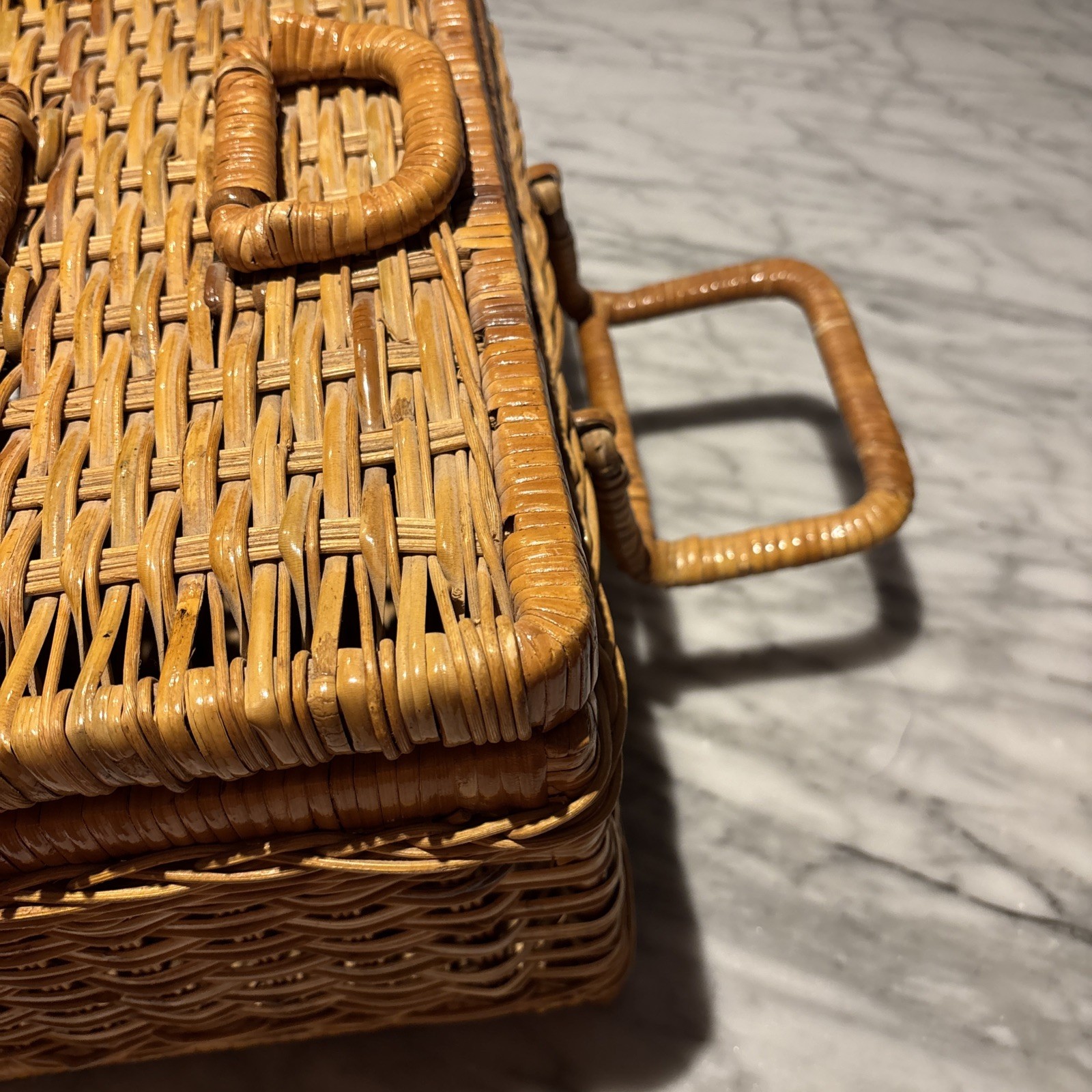 Vintage Wicker Picnic Basket Suitcase Boho Storage Farmhouse Cottage 14.5 x 9×8”