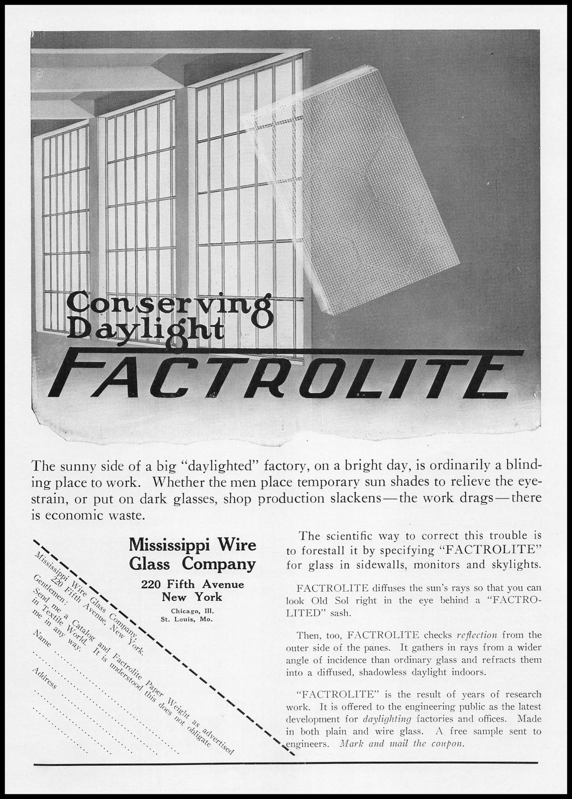 1926 Mississippi Wire Glass Company New York Factrolite Factory Windows Print Ad
