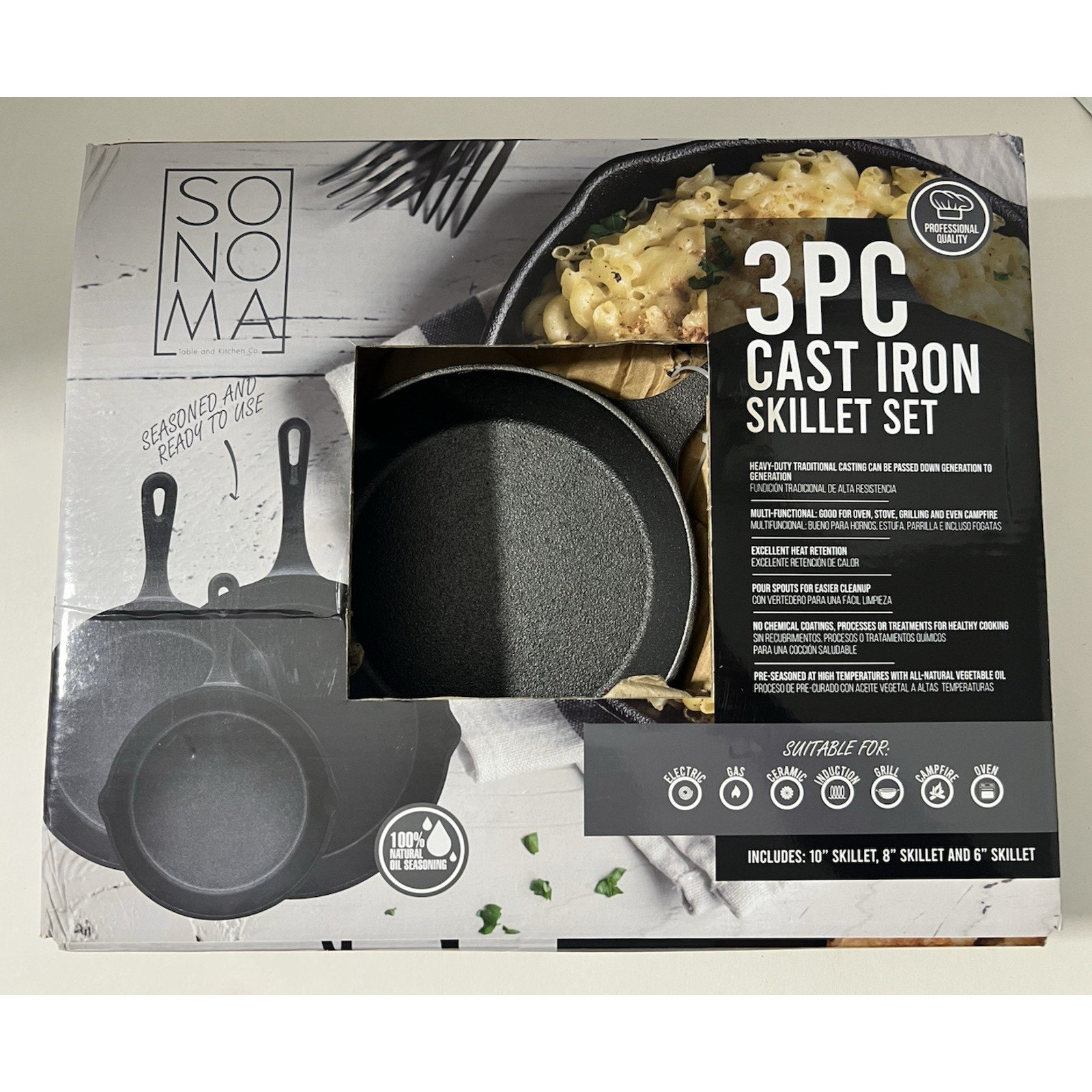 Sonoma 3pc Seasoned Cast Iron Skillet Set 6″ 8″ 10″ New, Open Box
