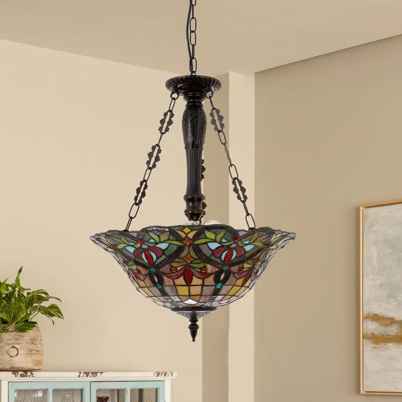 3-Light Tiffany Geometric Chandelier Semi Flush Mount Stained Glass Pendant Lamp