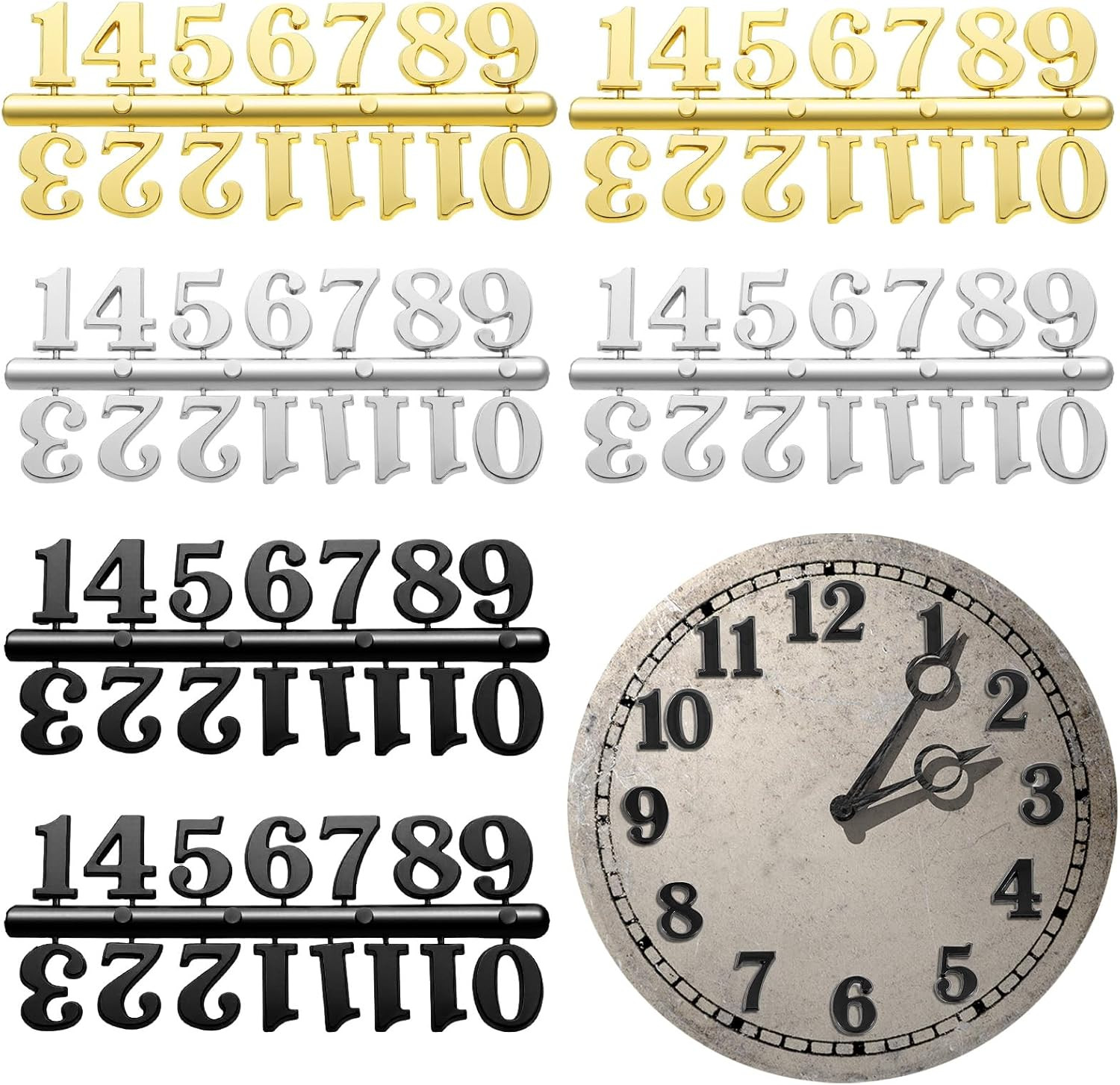 Clock Numerals Kit – 6 Sets of DIY Arabic Numbers and Hands for Wall Clocks