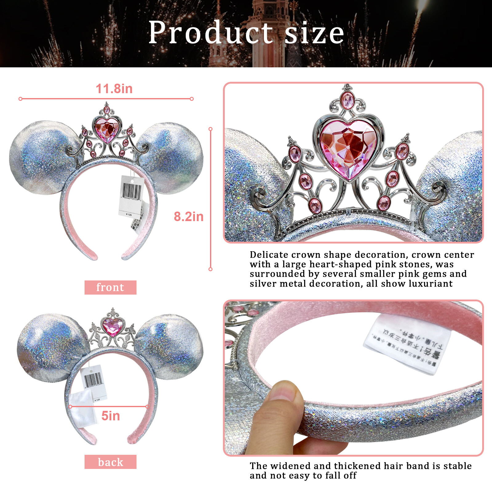 Disney Parks Iridescent Pink Heart Tiara Mickey Princess Minnie Ears Headband