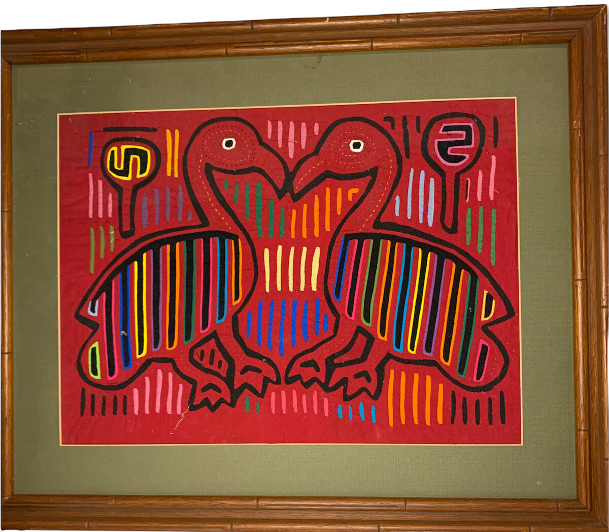 MOLA Reverse Applique Panama Kuna Indian Hand Stitched Birds Framed 22×18 inches
