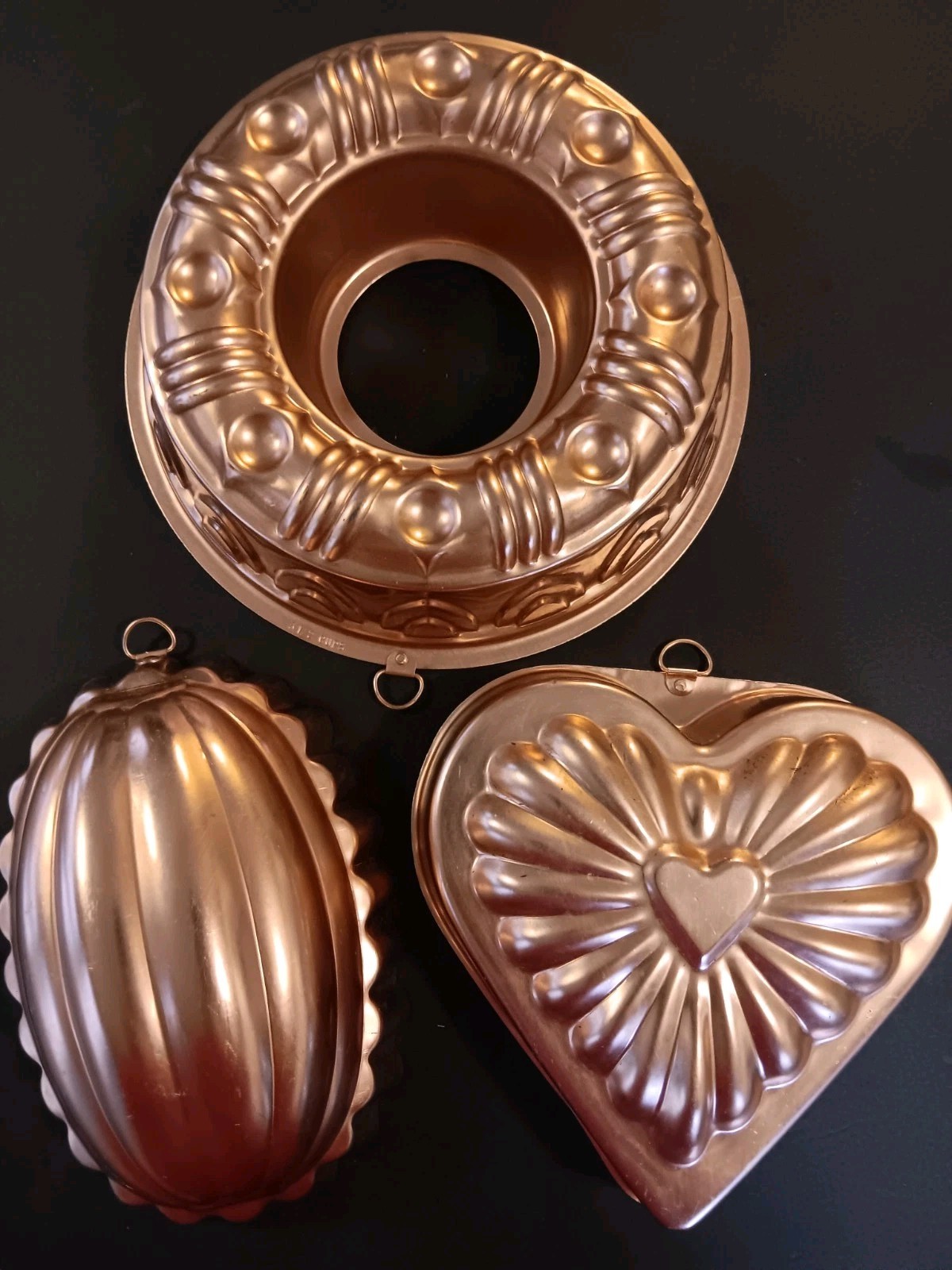 Lot Of 3 Vintage Copper Tone Mini Bundt Cake Jello Mold Wall Hanging Heart