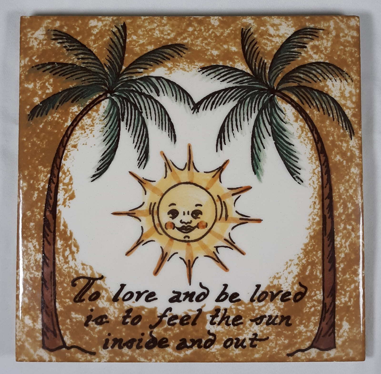 Banana Patch Studio 6″ Ceramic Tile Trivet To Love And Be Loved Sun Palm Trees