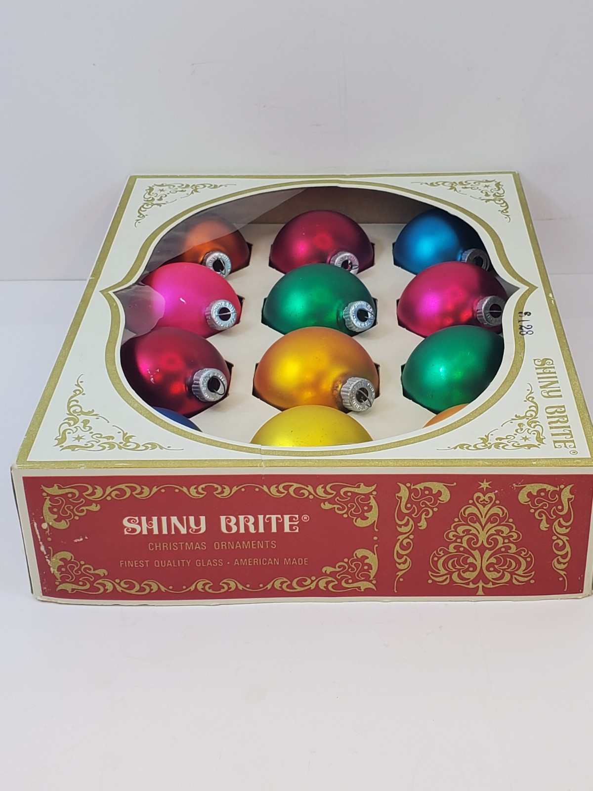 Vintage Shiny Brite Christmas Tree Ornaments Green Gold Pink Original Box 12