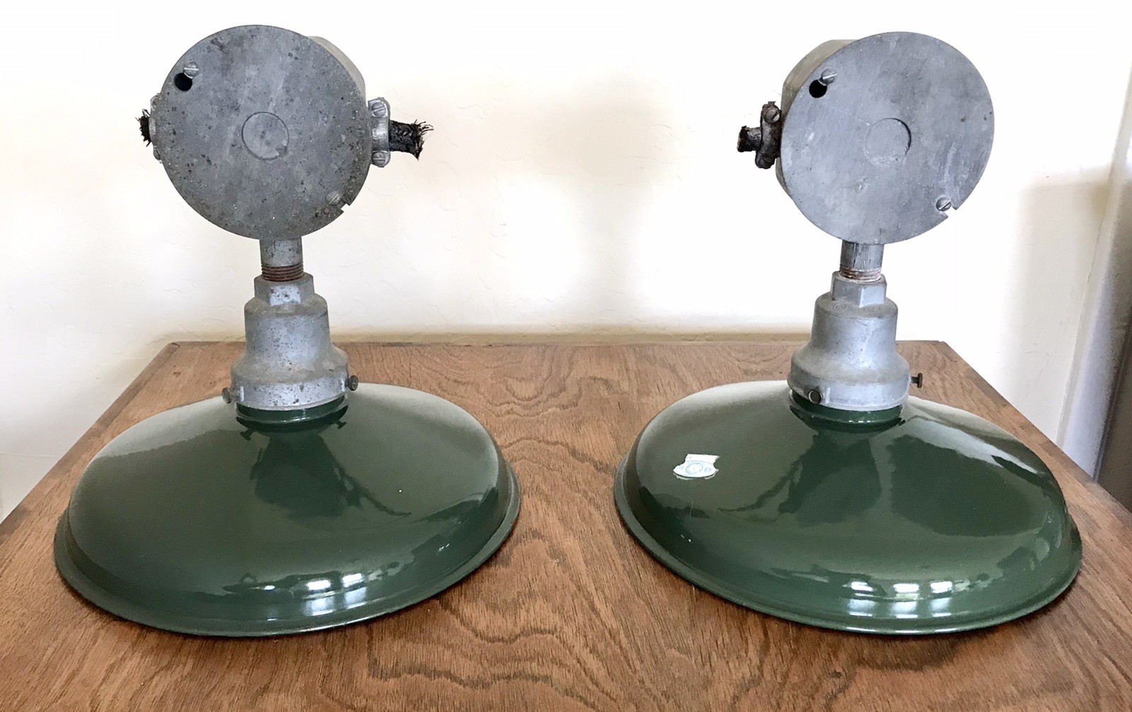 Rare PAIR of Vintage 10″ Green – Gas Station Barn Industrial Porcelain Lights