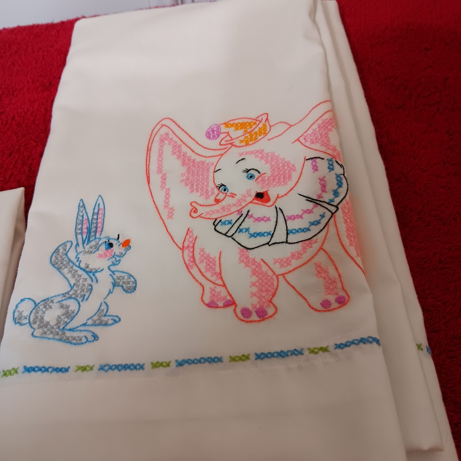 Vintage Baby Crib Flat Sheet &Pillow Case Embroidered Elephant Squirrel Bunny