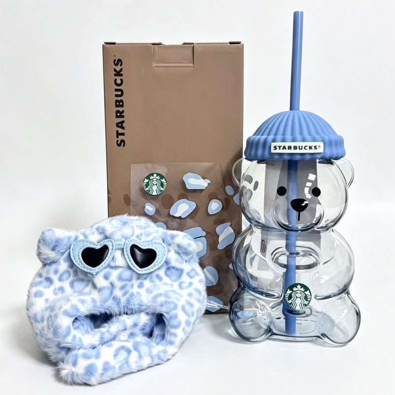 Starbucks China 2026 Light Blue Leopard-print 20oz Bear Glass Straw Cup
