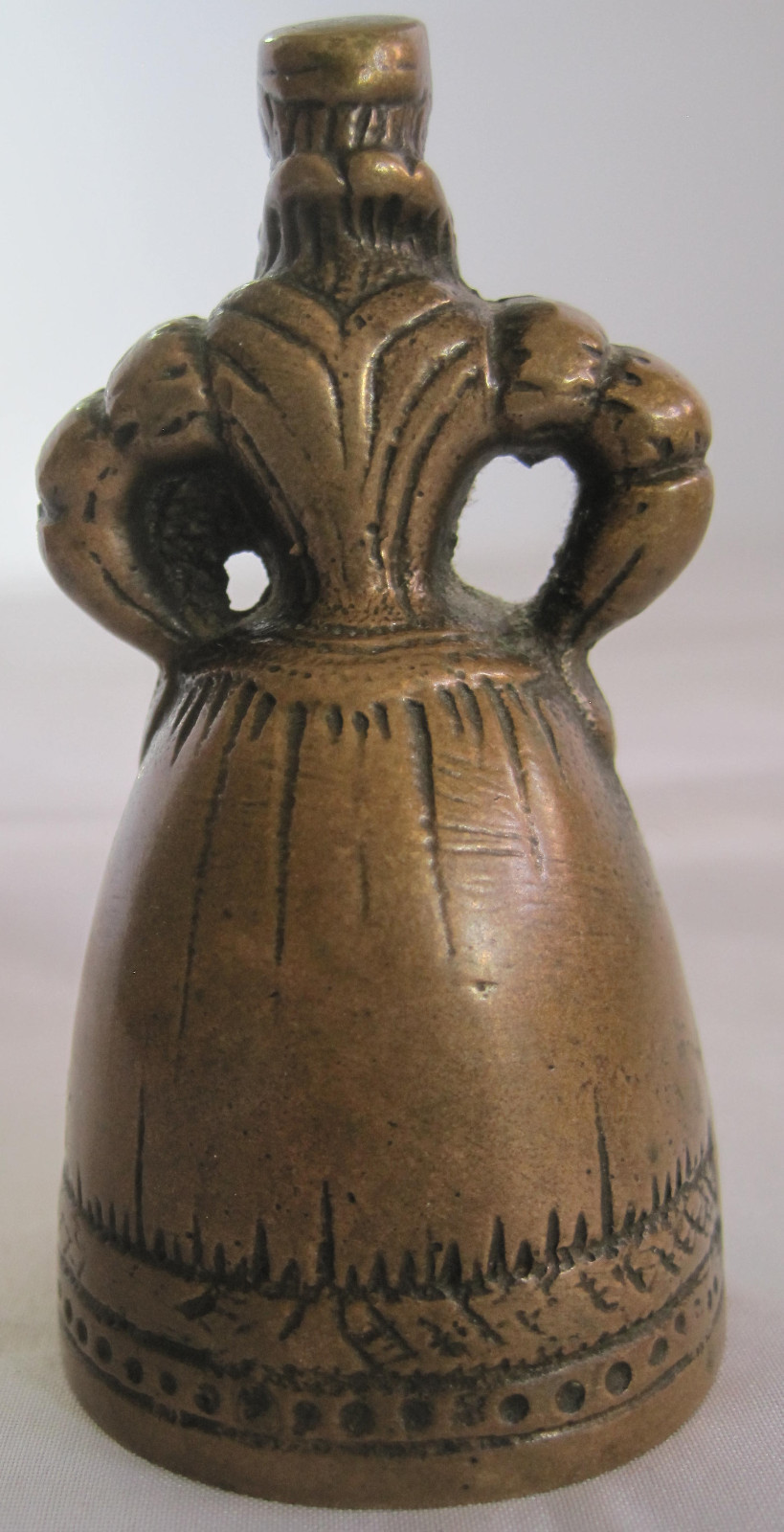 ANTIQUE BRONZE / BRASS ELIZABETHAN LADY BELL WITH LEG & BOOT CLAPPERS