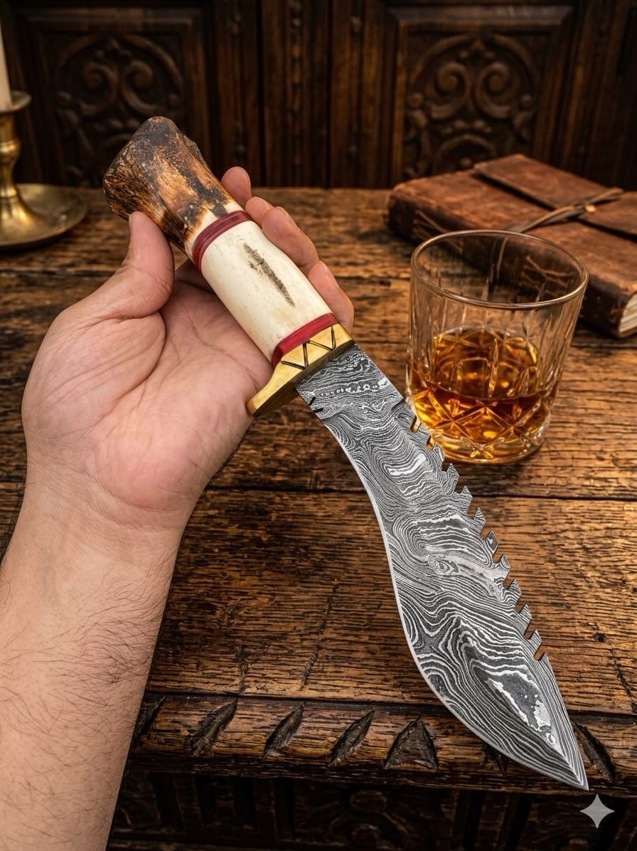 Damascus Steel Fixed Blade Gurkha Kukri Knife Original Camel Bone Handle