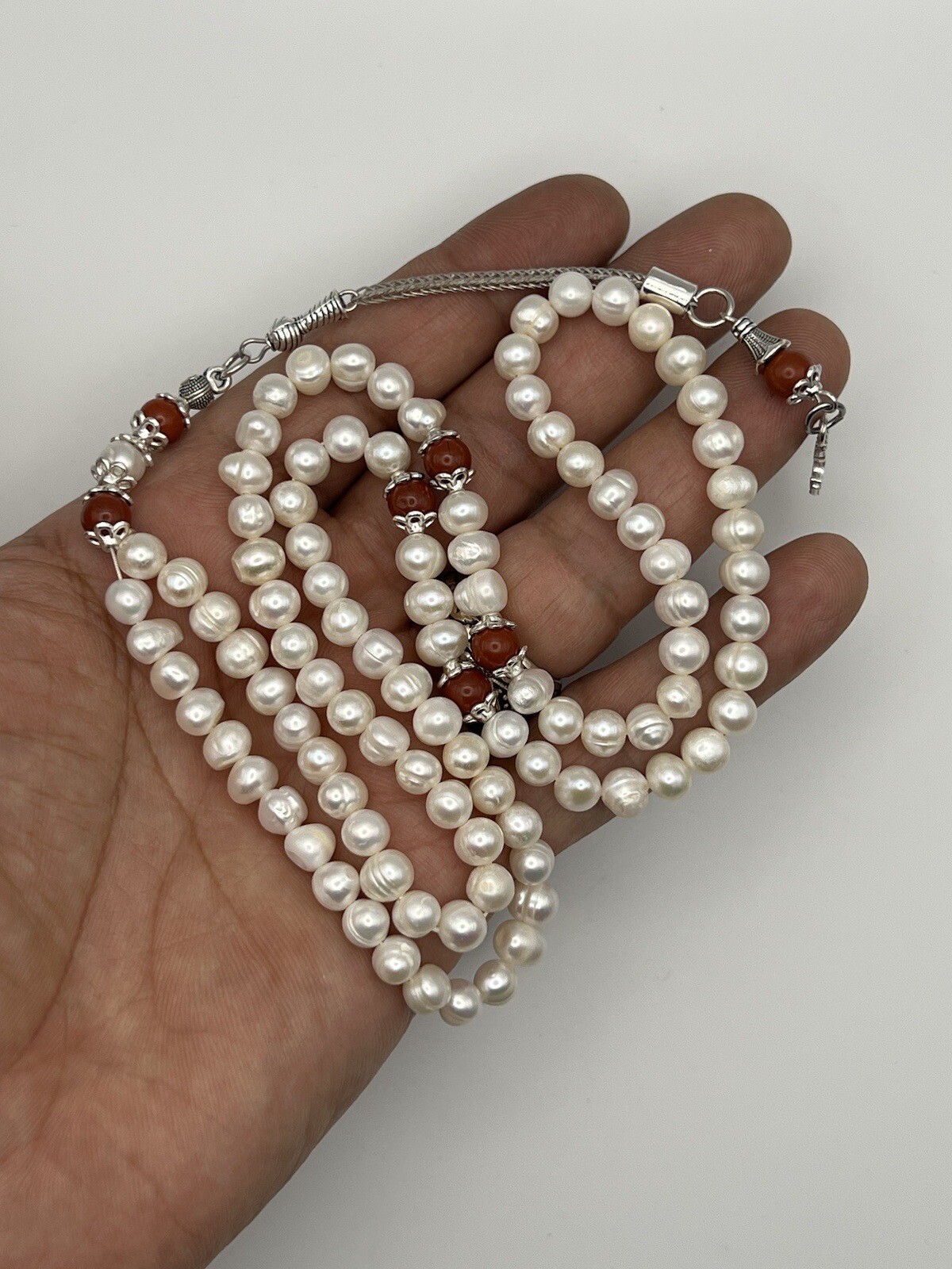 Natural Pearl Tasbih Misbaha With Red Jasper Rosary Prayer Bead مسبحة لؤلؤ طبيعي