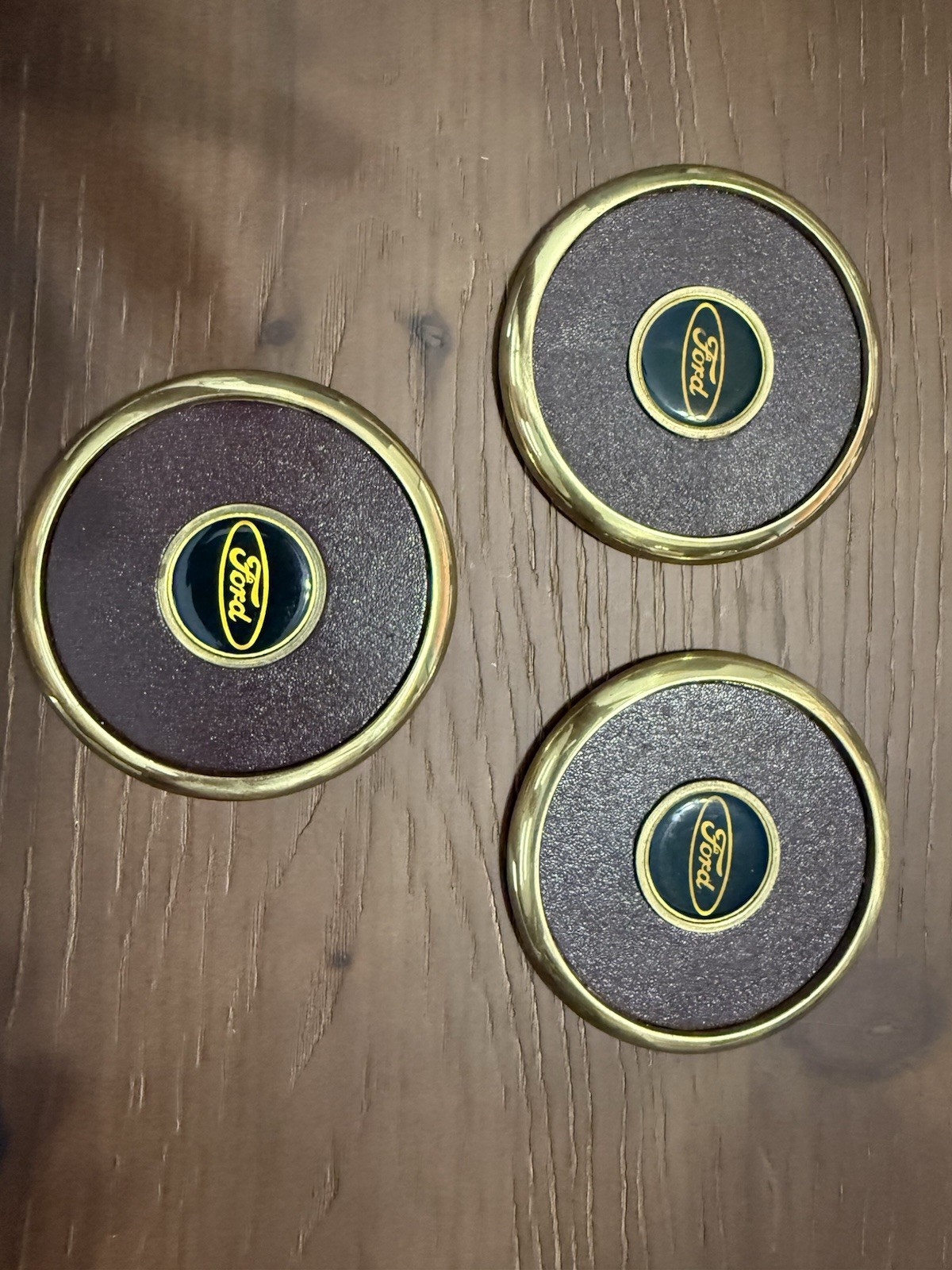 Vintage “Ford” Solid Brass & Leather Coaster Set of 3 BTS 1980s