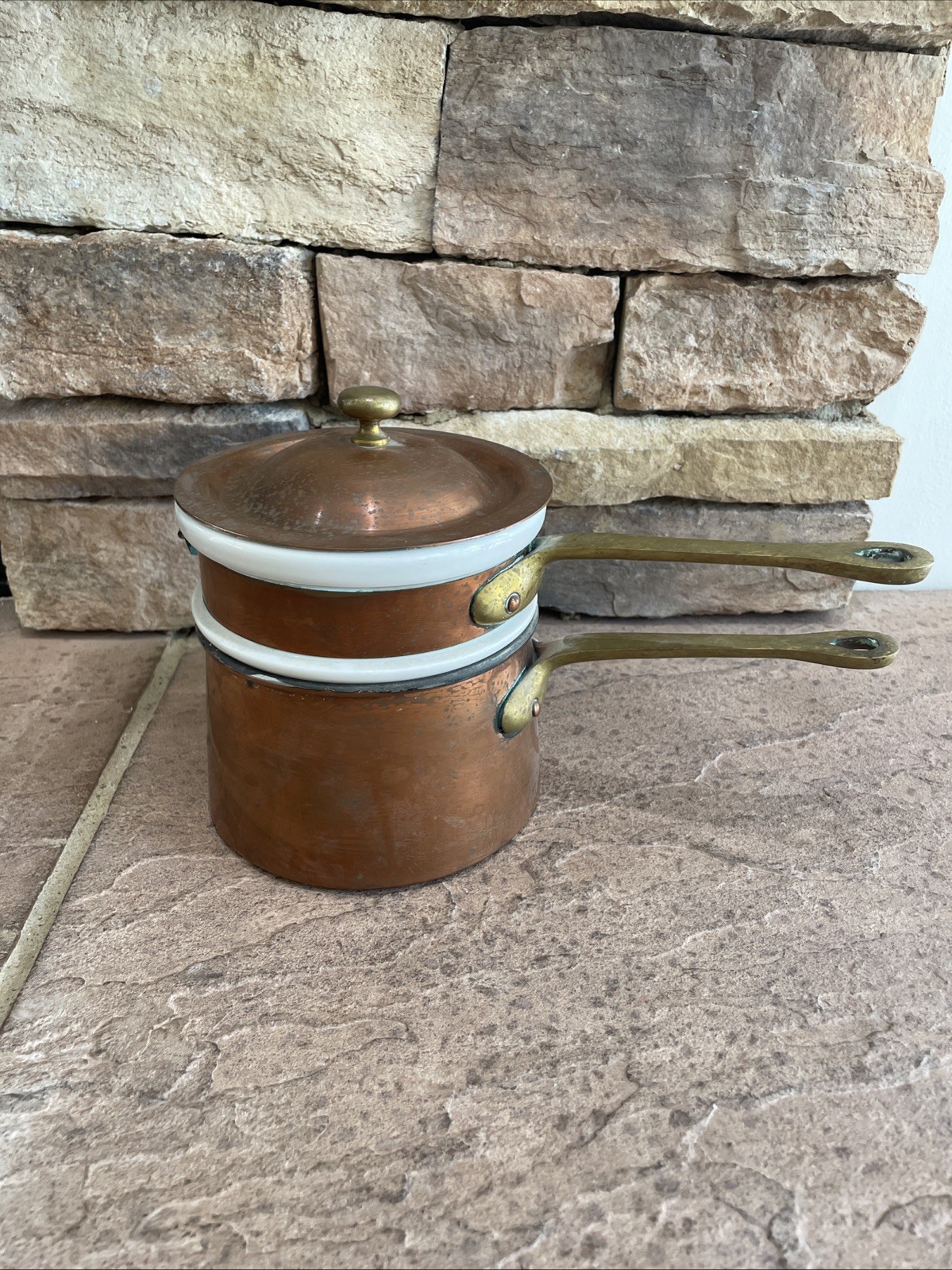 Vintage Gourmet COPPER DOUBLE BOILER-3 Pc Set-w/HALL 1083/Porcelain Insert-RARE