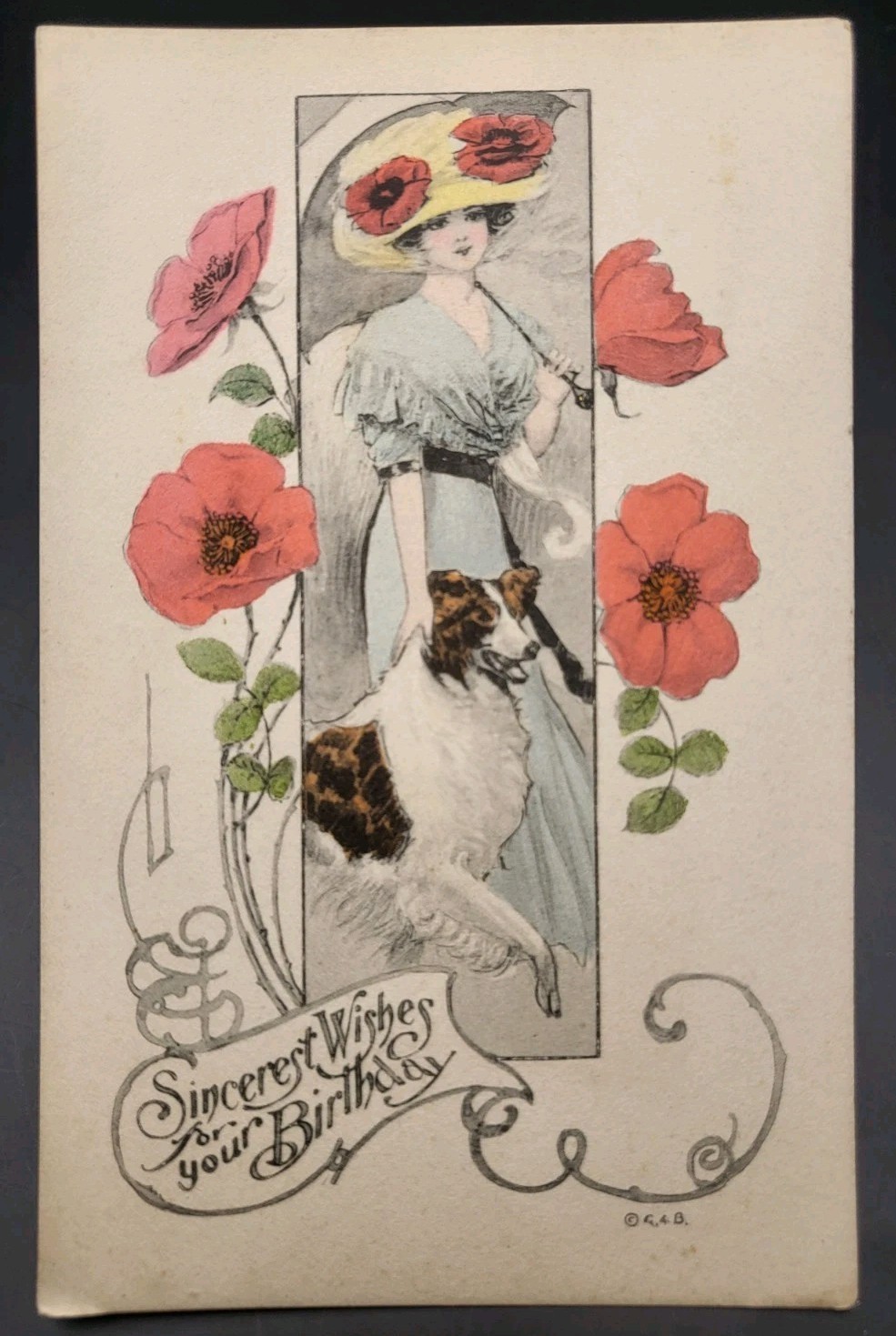 ART NOUVEAU Woman Dog Hat Umbrella Poppy Flowers Postcard 1917