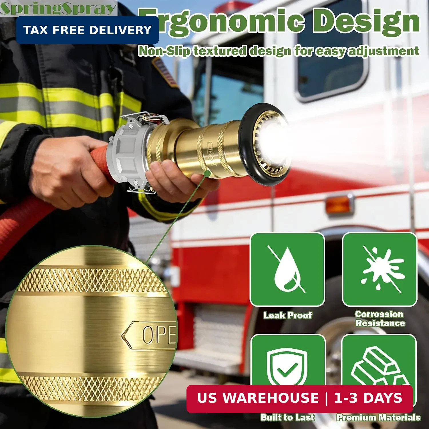 2″ NPSH Brass Industrial Fire Hose Nozzle with 2 x Aluminum 2 inch Camlock Fitti