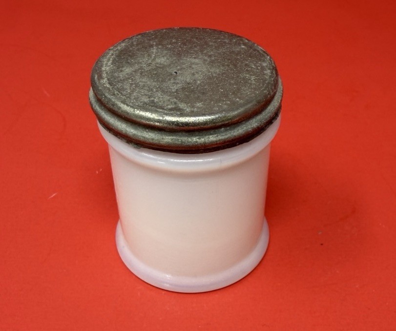 Vintage 1940’s Mentholatum White Milk Glass Medicine Jar Tin Lid Apothecary