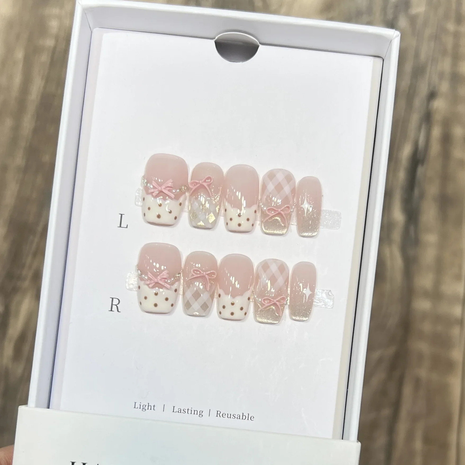 10Pcs Sweet Mid-length Ballet False Nails Art Fashion Pink Cat Eye Lovely Bow