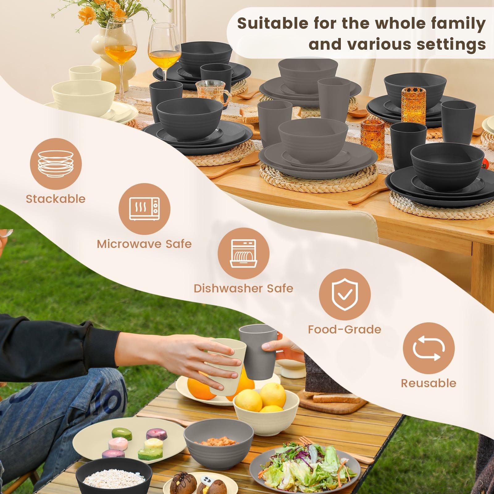 Homienly Kitchen Wheat Straw Dinnerware Set 40 PCS – 40 PCS, Grey Stone