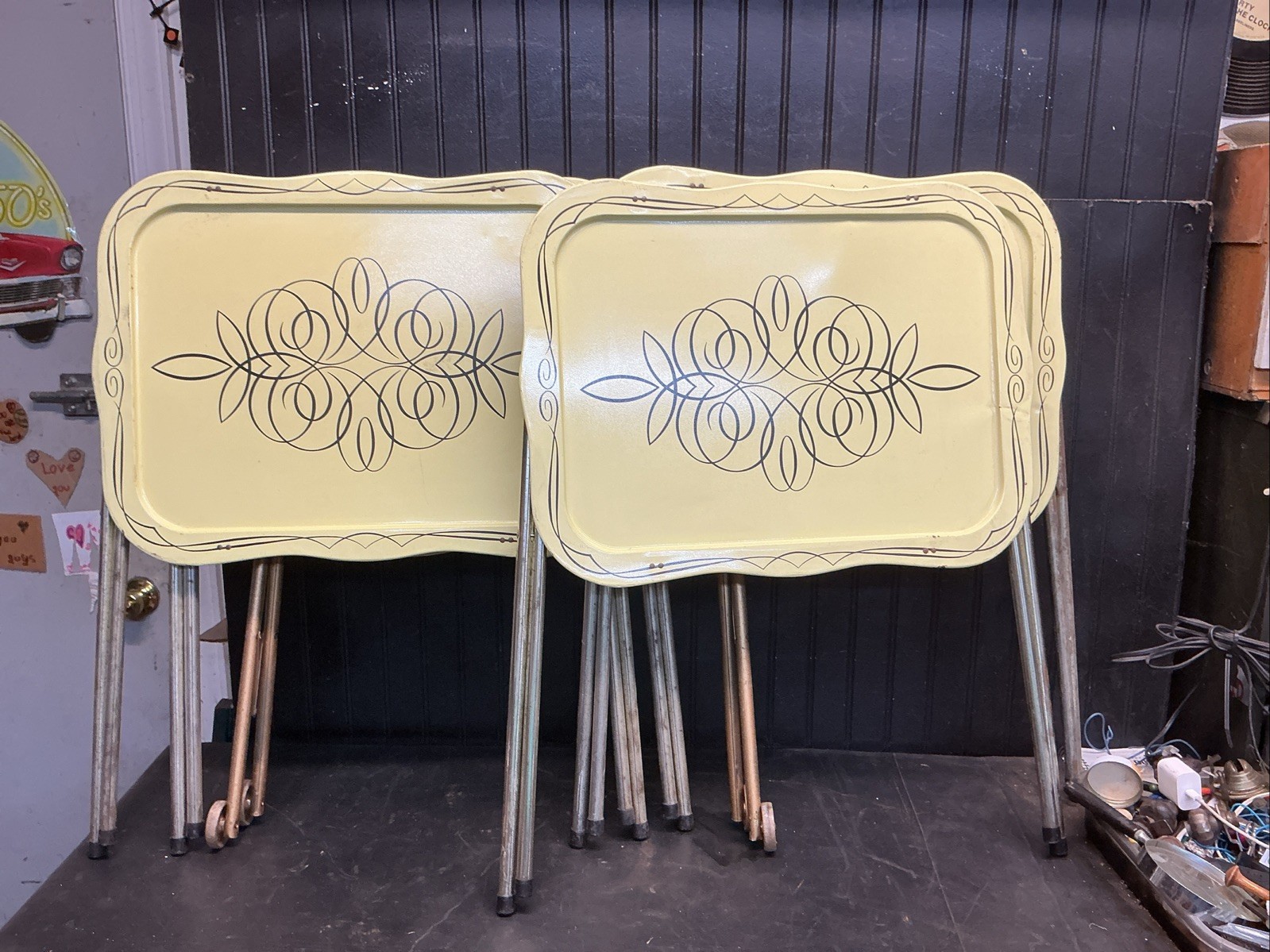 Vintage MCM Atomic 4 Folding Metal TV Tray Rolling Rack Starburst Metal set