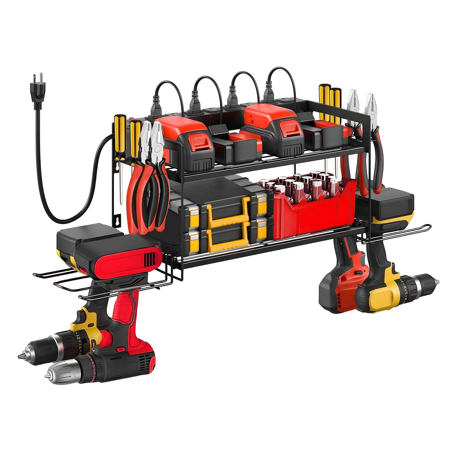 SecureElastic Garage Tool Organizer Charging Station & Power Strip – 4 Drill
