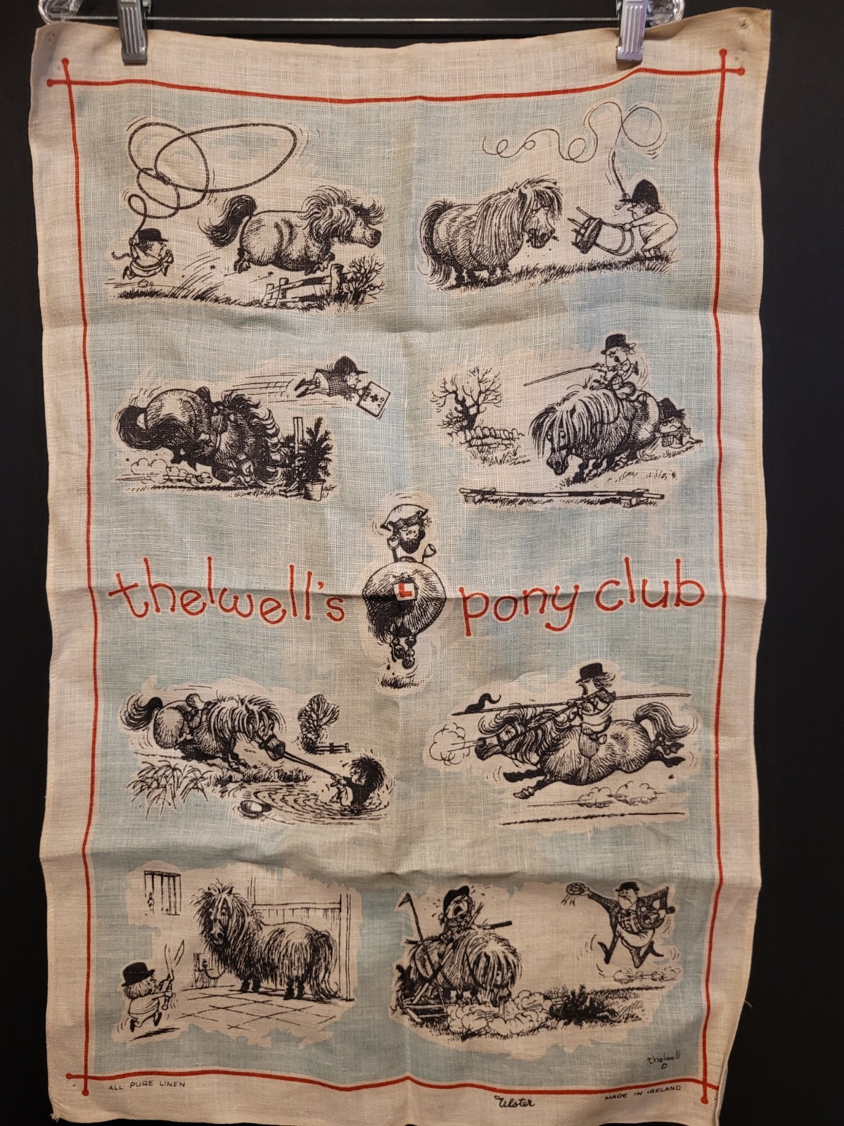 Vintage Linen Towel Thelwells Pony Club Ireland Wall Hanging 30×19.5 In Flaws