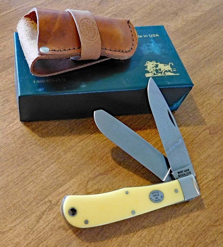 MOORE MAKER New 3206 Yellow Delrin Handle 2 Blade Jumbo Trapper Knife/Knives