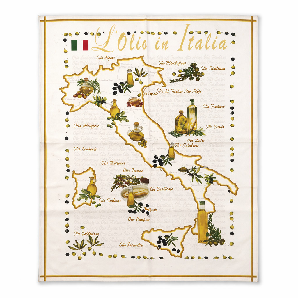 Sur La Table Italy Kitchen Towel 100% Cotton Olive Oil Print L’Olio in Italia