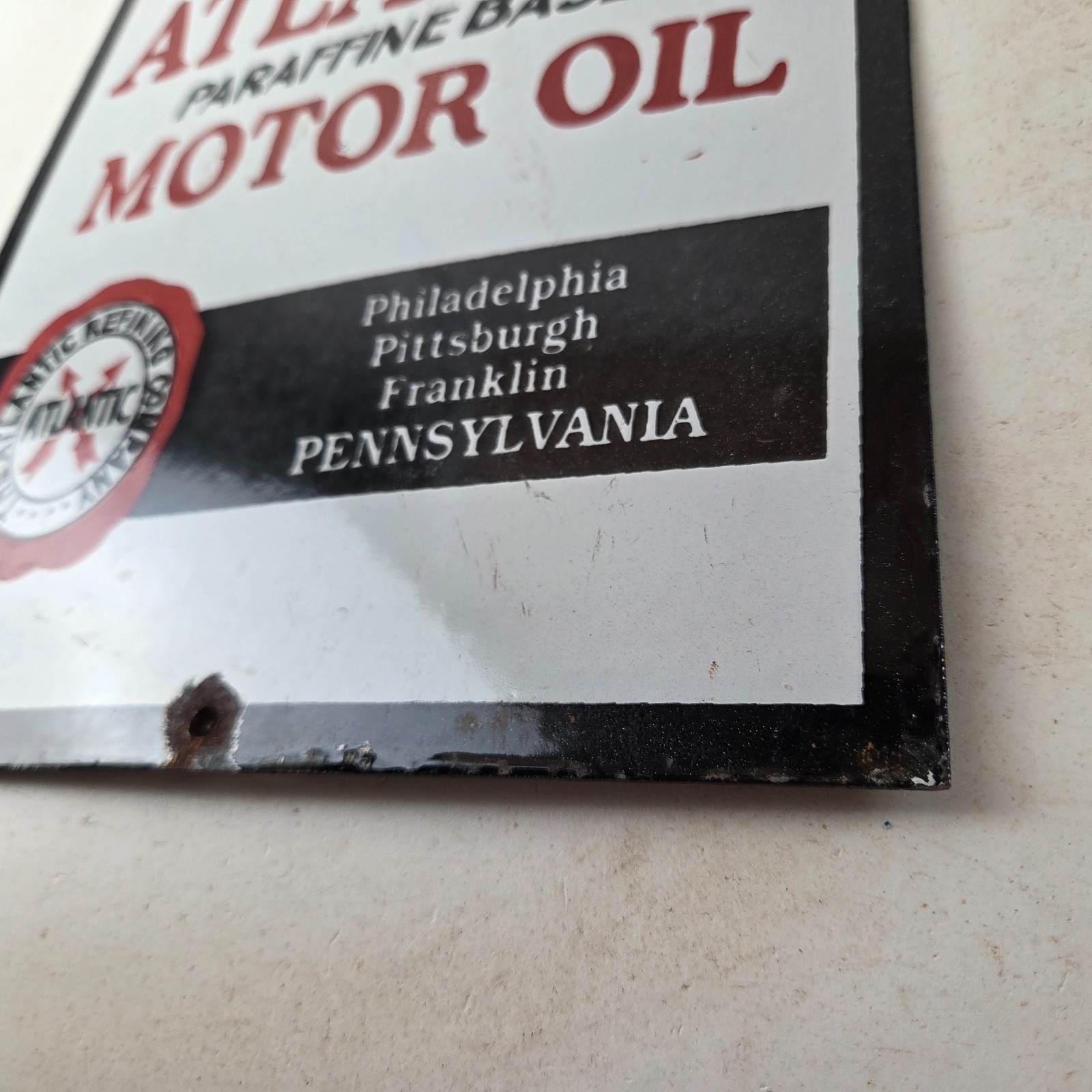 Vintage Atlantic Gasoline Sign – Gas Service Pump Porcelain Motor Oil Sign