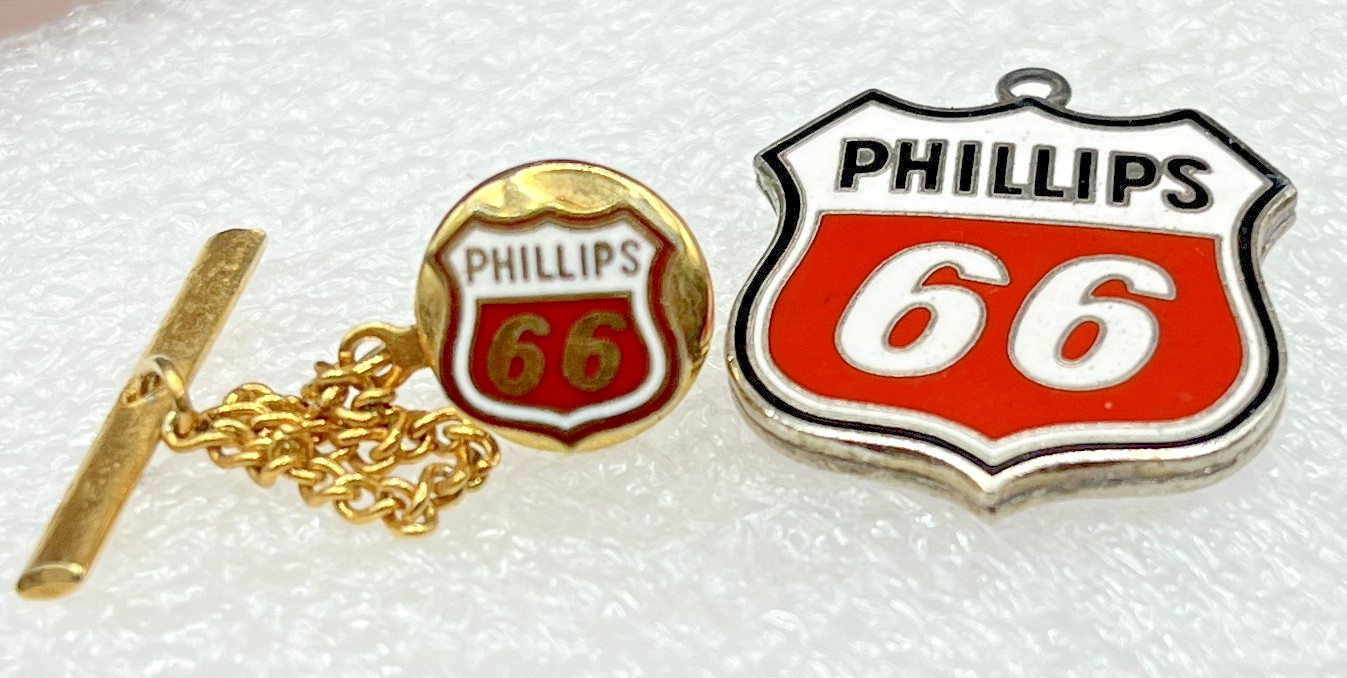 Vintage Phillips 66 Enamel Tie-Tac & Double-Sided Pendant Charm Gasoline