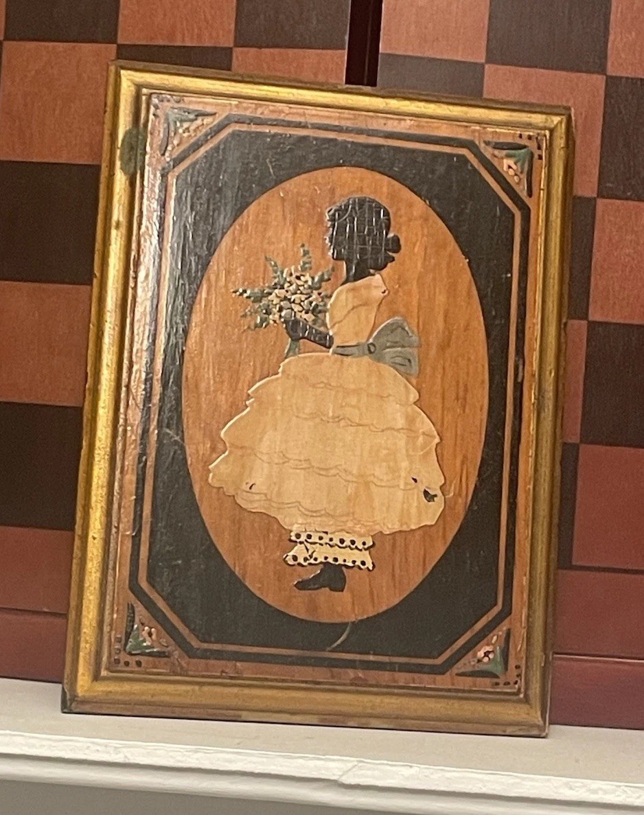 Vintage Reverse Silhouette Hand Painted Wooden Plaque Victorian Girl Flowers
