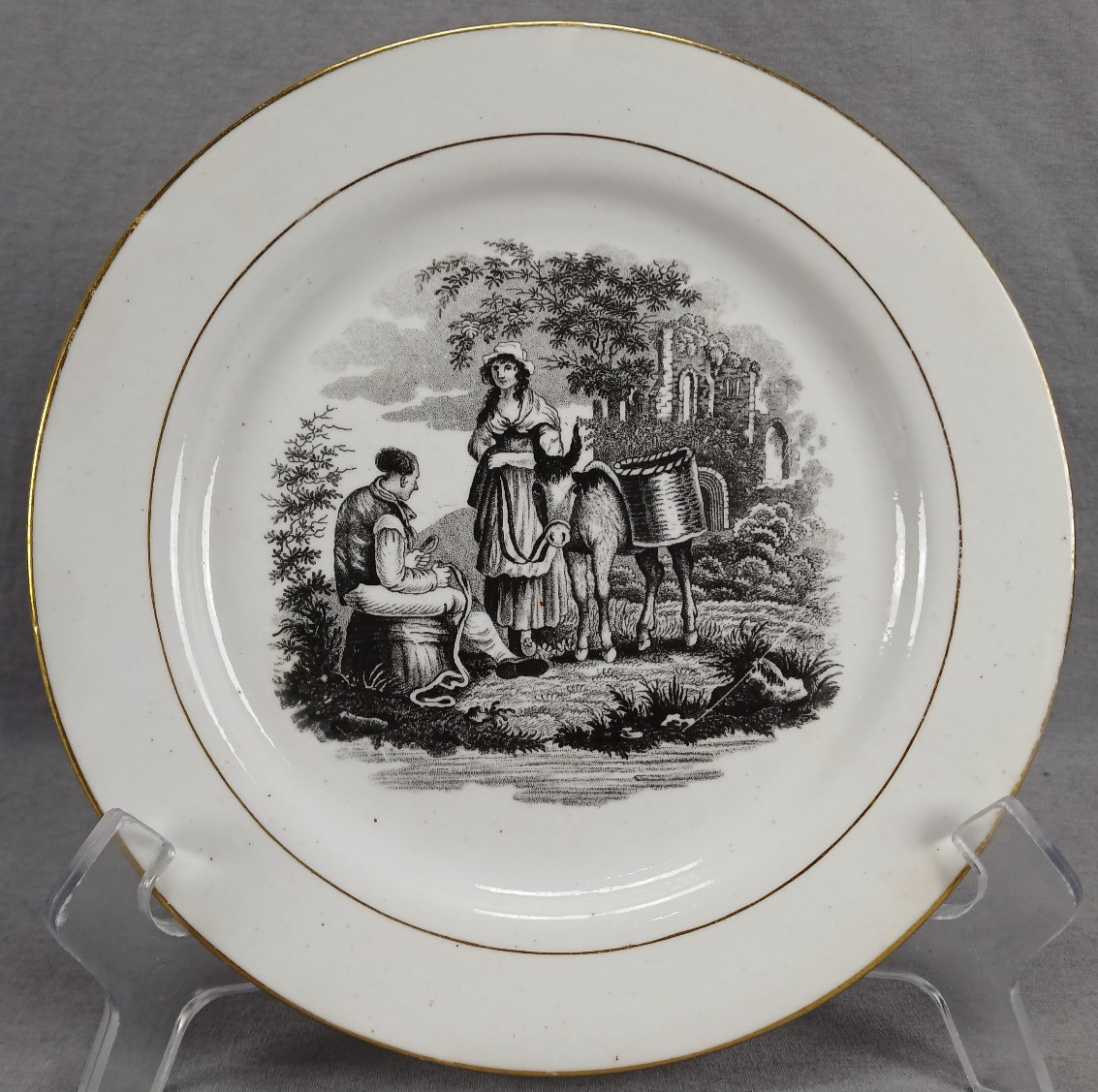 British The Laden Donkey Bat Print & Gold Bone China 7 3/4 Inch Plate C.1820s