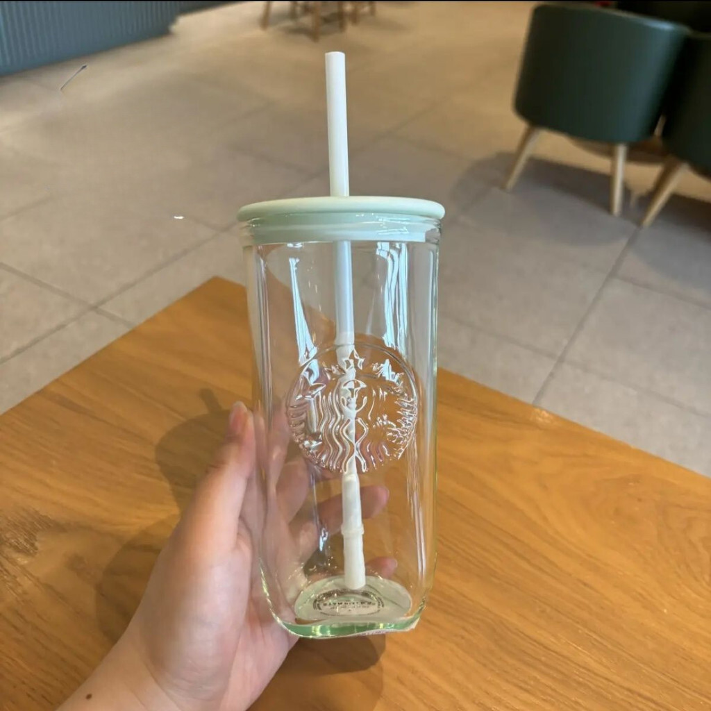 Starbucks Cup Mint Green Triangular Shape Glass Cup Water Straw Cup w/ Lid 473ml