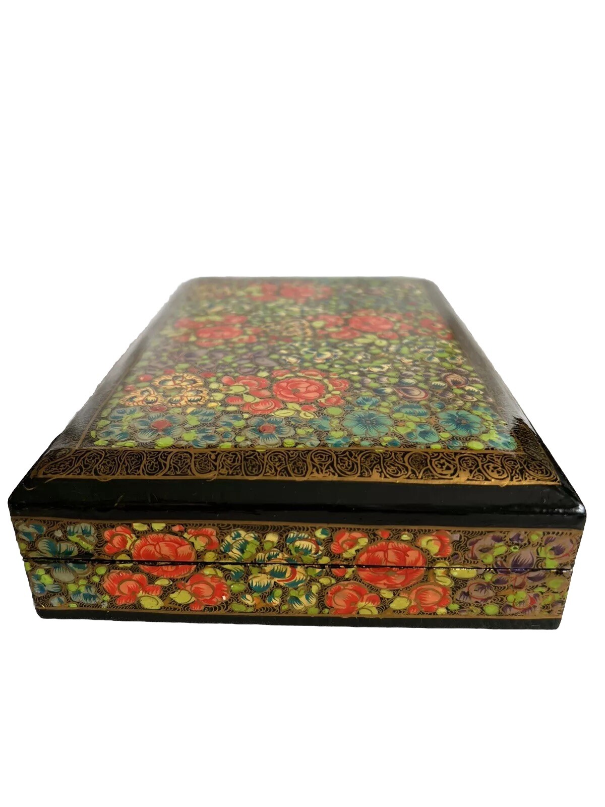 Kashmir Art Paper hand painted Large Flower Jewelry Box For Sale