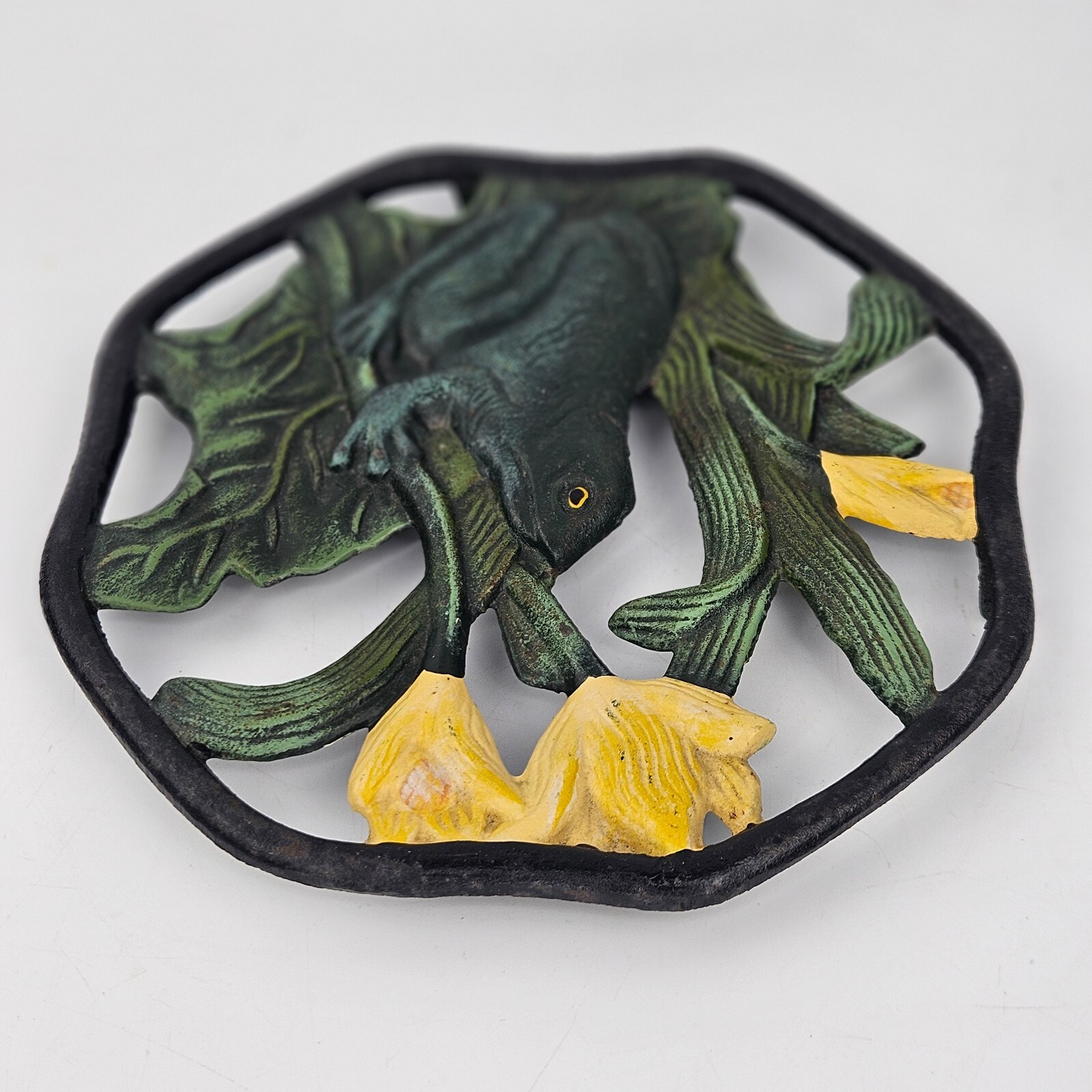 Vintage Frog Trivet Pot Pad Rest Plant Stand Cast Iron Metal Lily Pad Flower