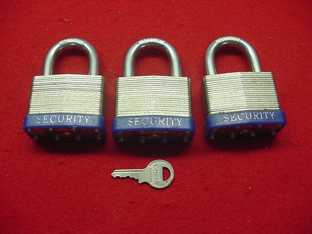 Lot of 3- Same Key- Masterlock Security Locks- 50mm- China- 1 Key- Nice !