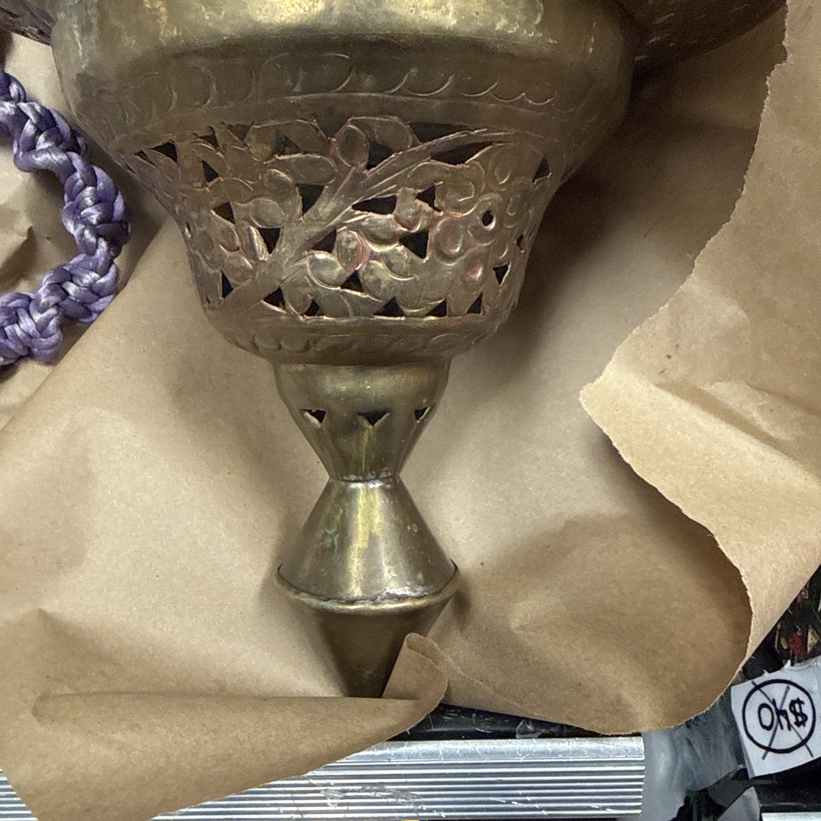 Vintage Pierced Brass Pendant Hanging Lantern Light Turkish Fixture- Middle East