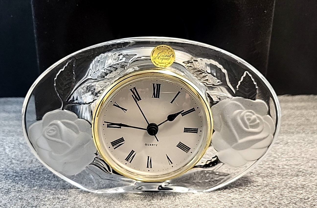 Vintage France Quartz CRISTAL D’ ARQUES France Lead Crystal Desk Top Clock Roses